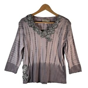 Nature Art by Lynn Yang‎ Tie Dye Floral Applique Top L Boho Artwear VTG Y2K USA